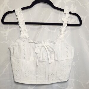 Shein Knit Lace Crop Tank‎ Top Women's L White Ruffle Neckline Straps Front Bow